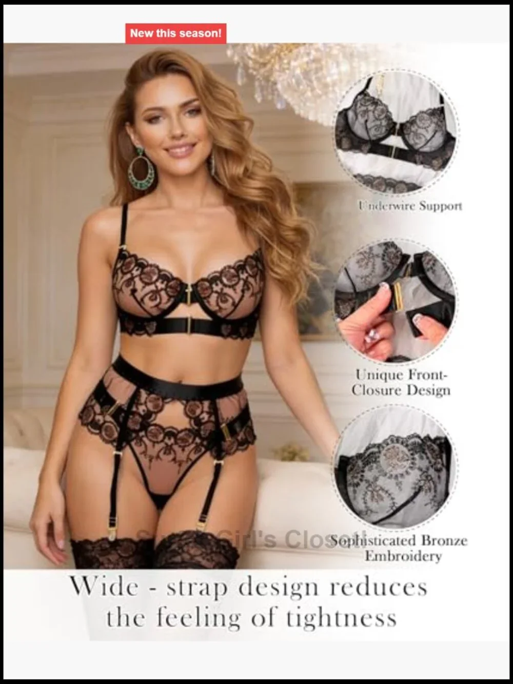 Lace Lingerie Set Push-Up Hook Eye Adjustable Straps Thong 3 Piece